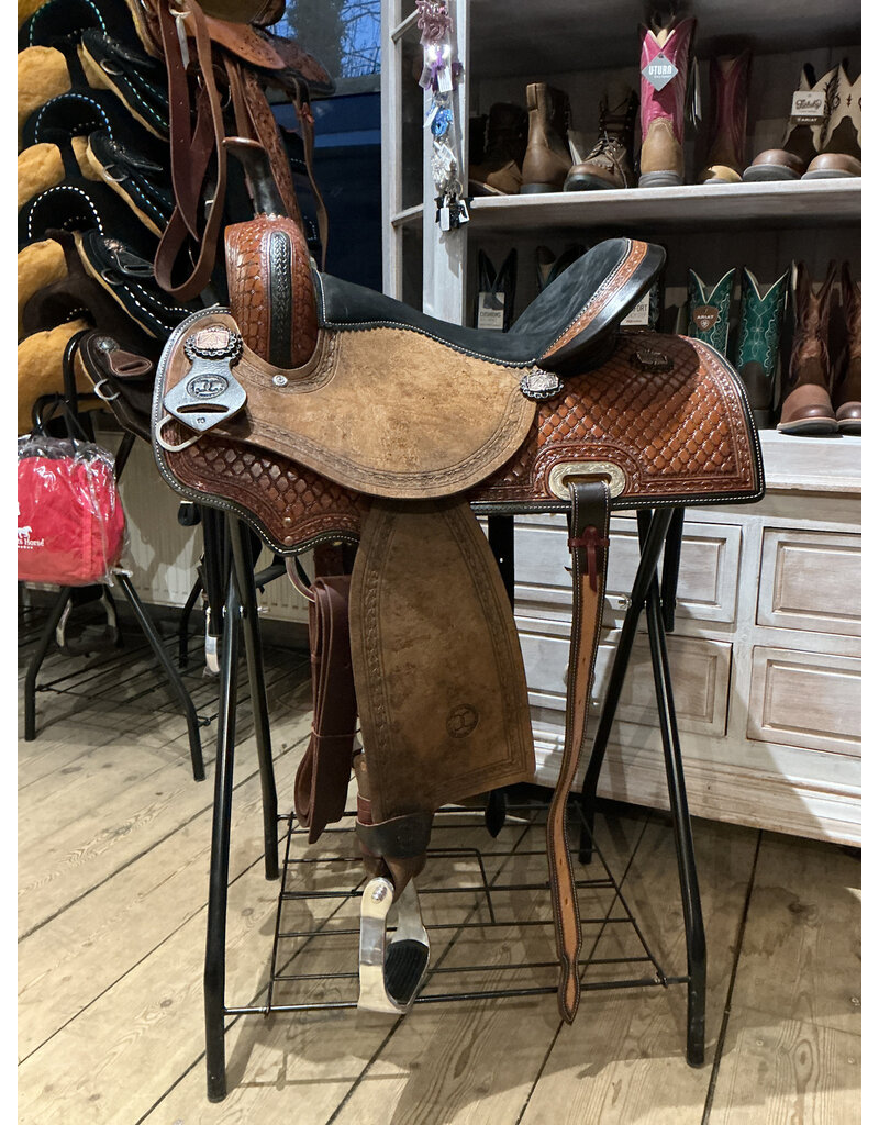 Twisted C Barrel Saddle Twisted C 15 INch Full Quarter Quare Basket Tooled Black Seat