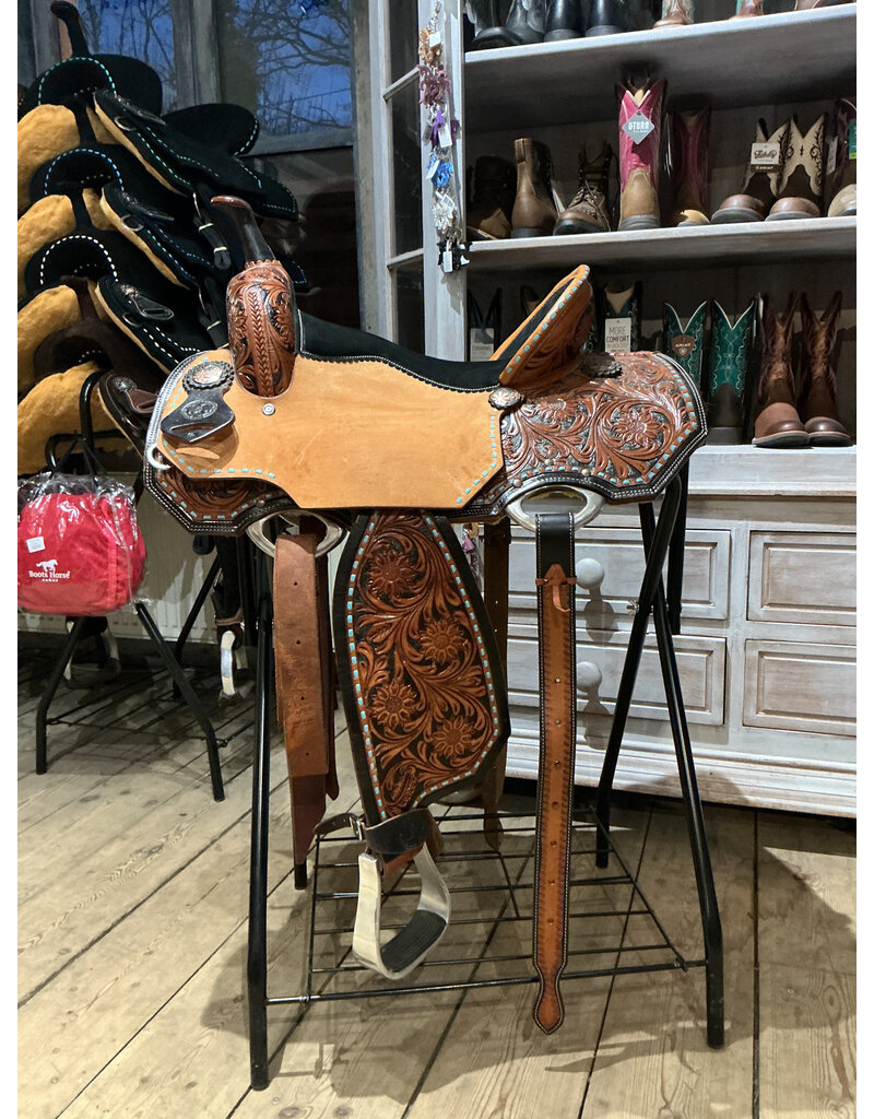 Twisted C Barrel Saddle Twisted C 15 Inch Full Quarter Black Seat Natural Leather Teal Stitchings