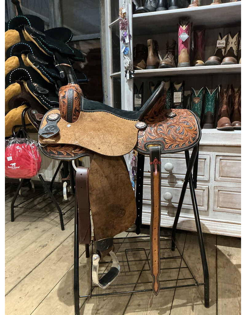 Twisted C Barrel Saddle Twisted C 15 Inch Full Quarter Black Seat chocolat fenders ,flower tooling