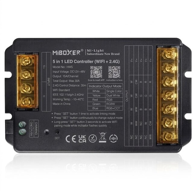 Thread over Matter LED sheet aansturing 5 in 1 - Single Color/Dual White/RGB/RGBW/RGBWW/RGBCCT LED strips 12-24-48v - HW5 - Max 30 ampere