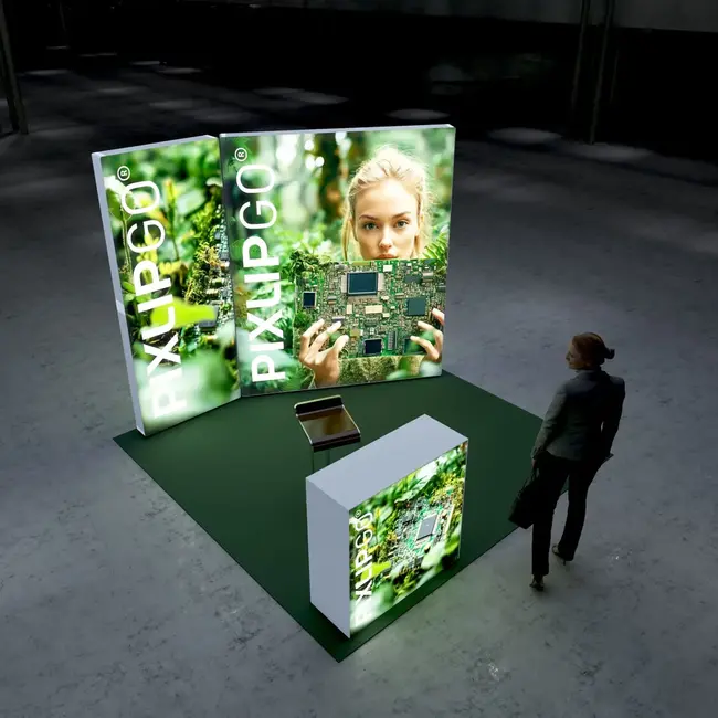 PIXLIP S-07 beursstand huren | Verlichte 3×3 meter LED beursstand met modulaire hoekopstelling