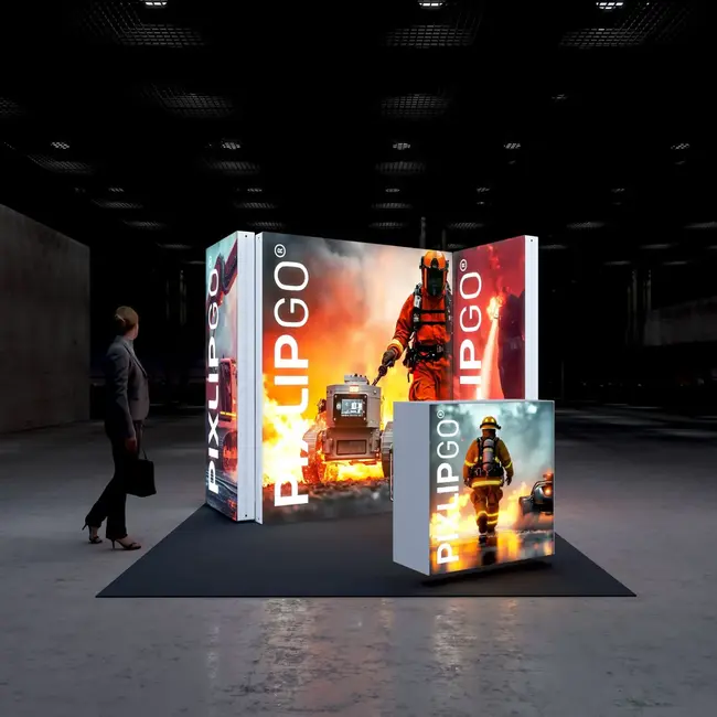 PIXLIP S-09 beursstand huren | Verlichte 3×3 meter LED beursstand met meerdere zichtvlakken