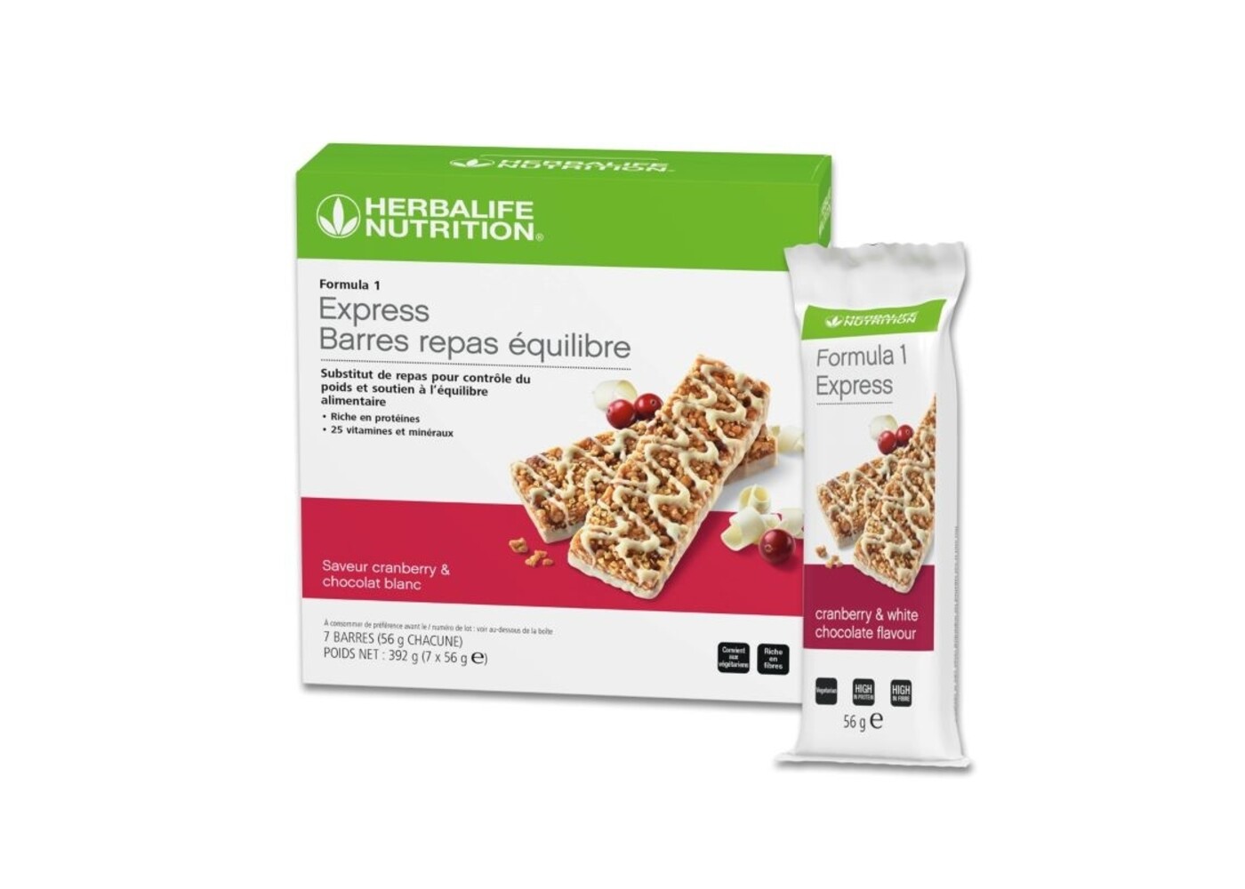 Herbalife Barres Repas Équilibre Formula 1 Express Saveur Cranberry & Chocolat Blanc 7 x 56g