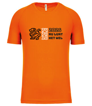 Fanshirt Oranje shirt met tekst "2026 nu lukt het wel" | Uni versie