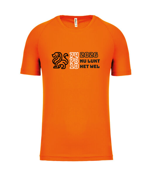 Fanshirt Oranje shirt met tekst "2026 nu lukt het wel" | Uni versie
