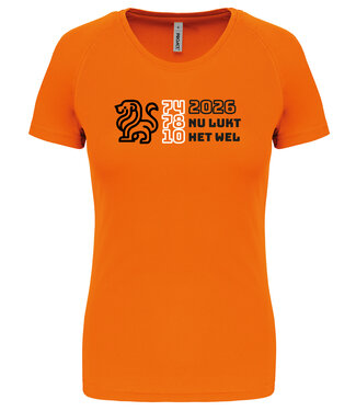 Fanshirt Oranje damesversie met tekst "2026 nu lukt het wel"