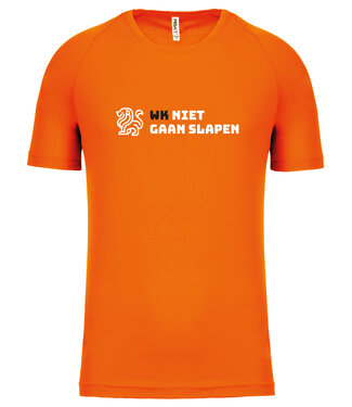 Oranje Fanshirt WK 2026 voor kinderen met tekst "WK niet gaan slapen"