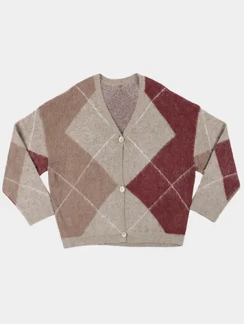 NOTED Antwerp DENNY Cardigan - Check Grey/Bordeaux/Khaki