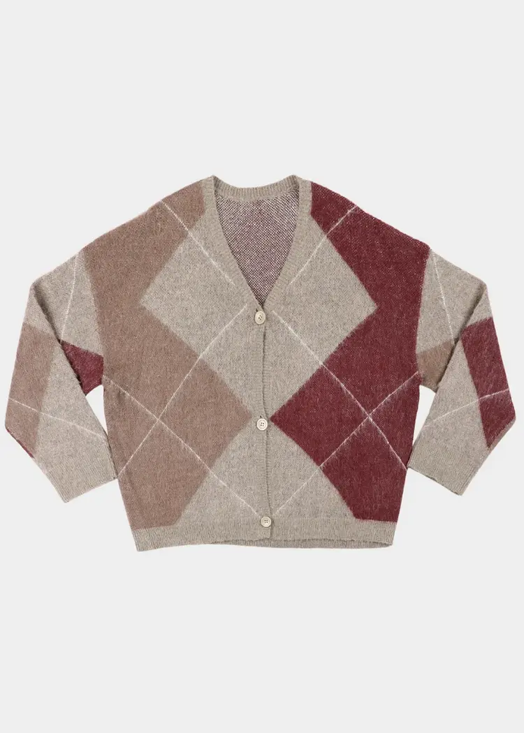 NOTED Antwerp DENNY Cardigan - Check Grey/Bordeaux/Khaki
