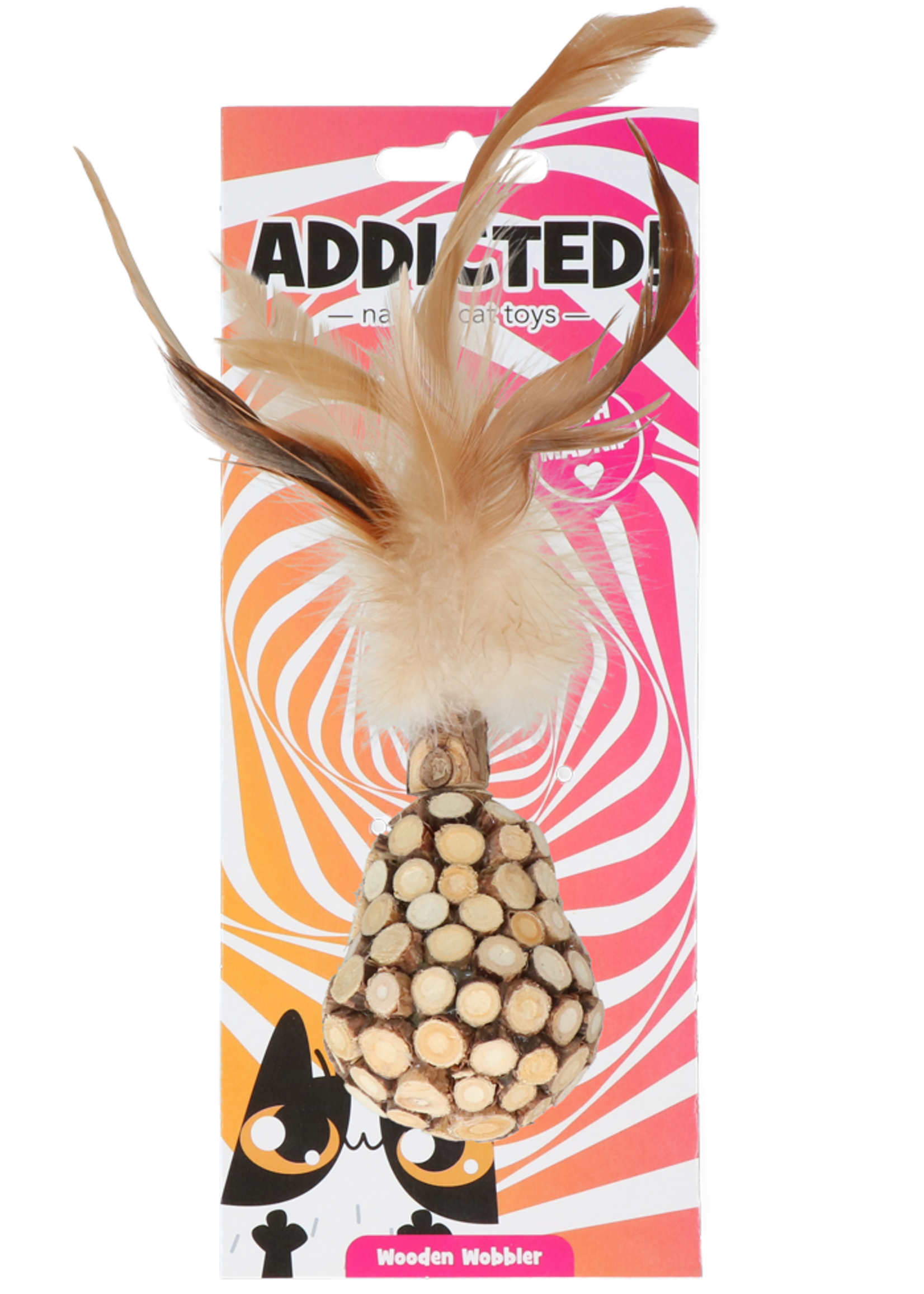 Addicted! Addicted! Wooden Wobbler with Feathers