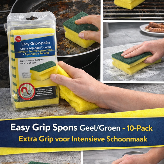 Huchem Easy Grip Scouring Sponge Yellow/Green - 10 Pack - Extra Grip for Intensive Cleaning
