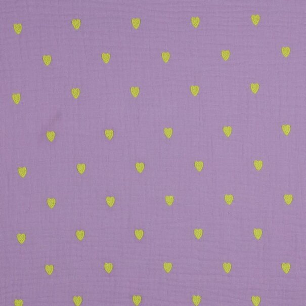 Geborduurde neon hartjes lila - double gauze