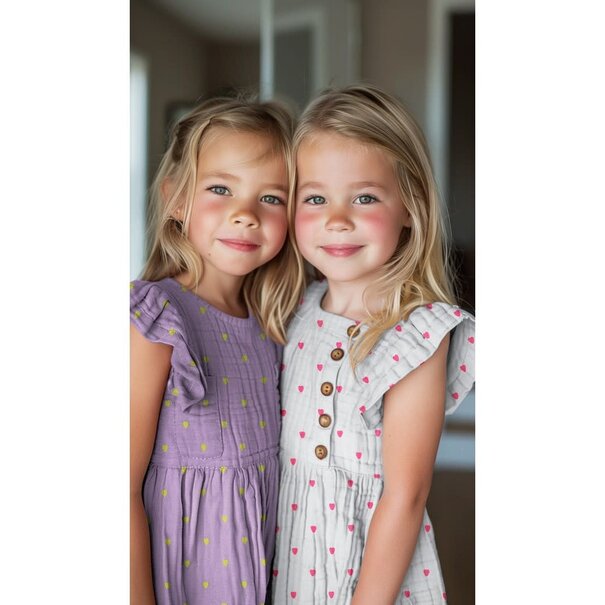 Geborduurde neon hartjes lila - double gauze