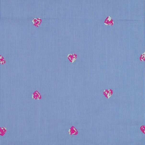 Katoen streep met hartjes - blauw