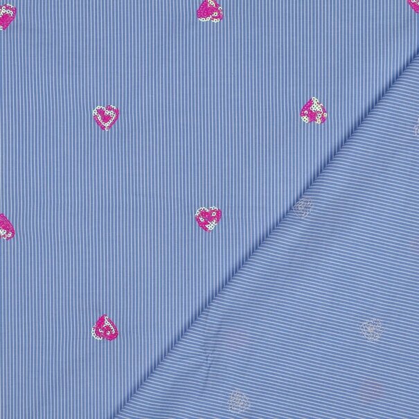 Katoen streep met hartjes - blauw