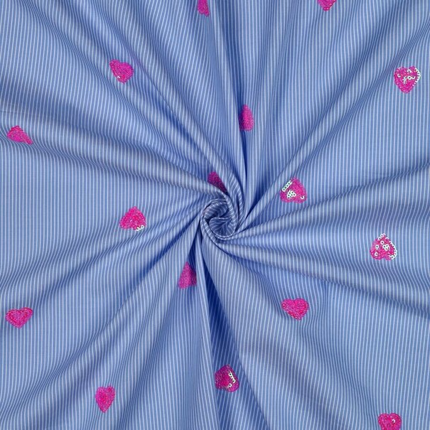 Katoen streep met hartjes - blauw