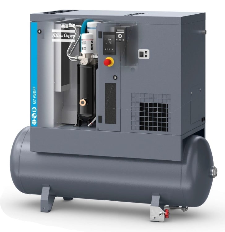 Atlas Copco G4 VSD FF Receiver 10 bar frequentieregelde schroefcompressor met ketel en geïntegreerde koeldroger