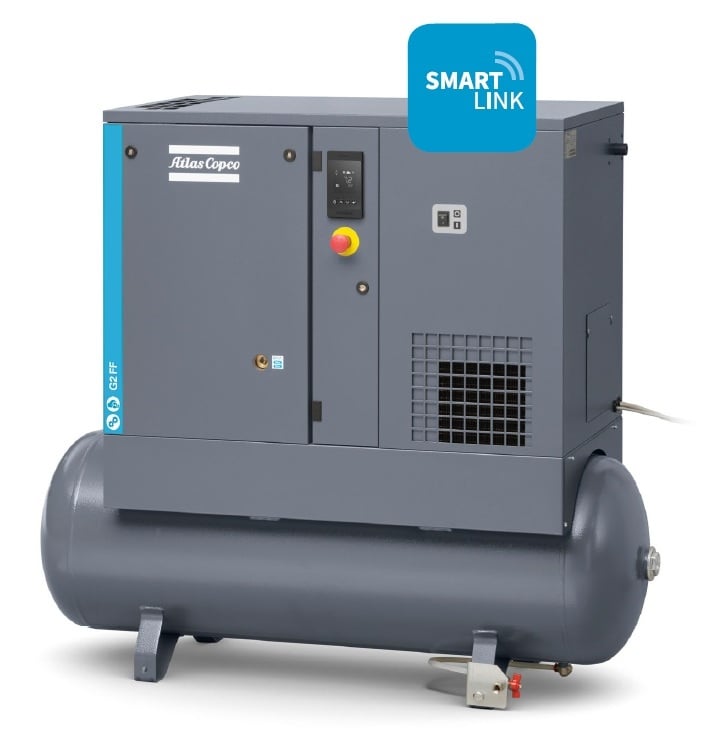 Atlas Copco G7 FF Receiver 10 bar schroefcompressor met ketel en geïntegreerde koeldroger