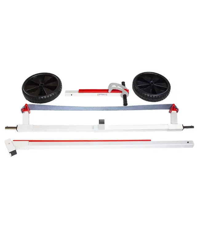 Optiparts Zelfde ontwerp als onze reguliere aluminium trolley, maar dan met riem. Het tilt de dwarsbalk op, wat zorgt voor een kleinere kans op krassen op de romp. Uw Optimist glijdt gemakkelijk van de riem bij het lanceren.