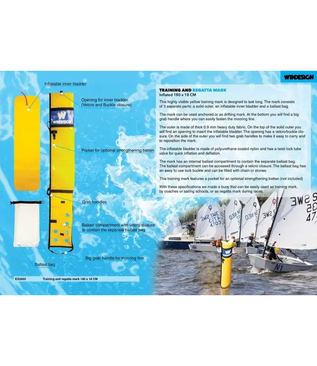 WINDESIGN Deze goed zichtbare gele trainingslabel is ontworpen om lang mee te gaan. Het model bestaat uit 3 afzonderlijke delen: een solide buitenkant, een opblaasbare binnenbal en een ballastzak.