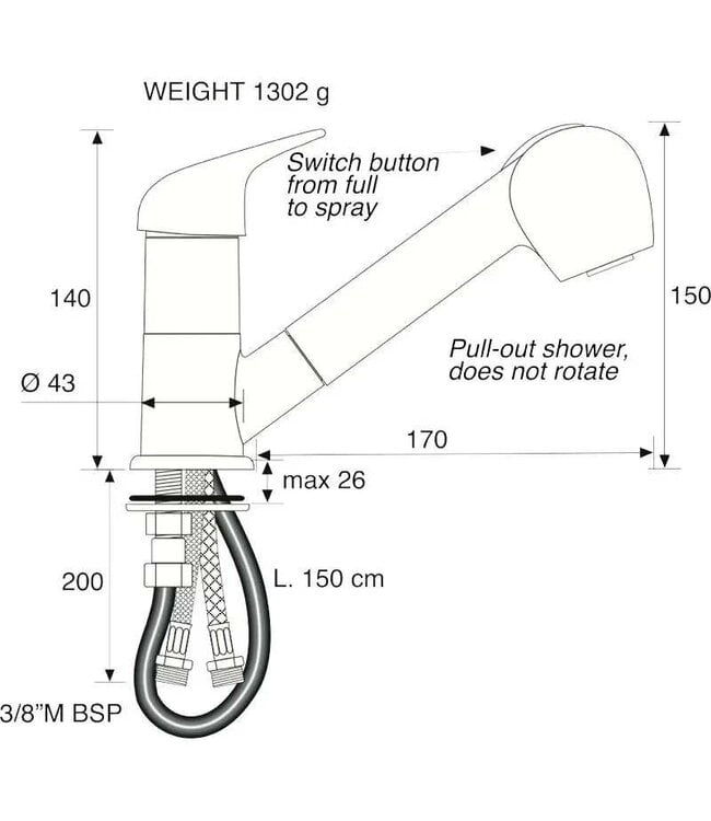 BARKA MENGKRAAN MET DOUCHE 1,5MTR<span> - </span>170 mm