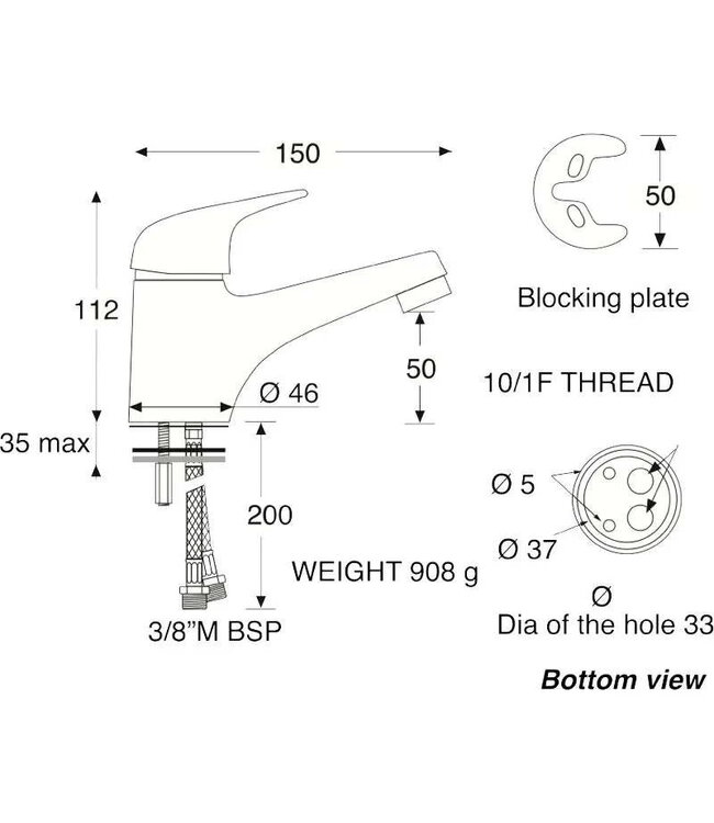 BARKA Mengkaan vast chroom 150 mm. Slangaansluiting 2 x 3/8"BSP  M