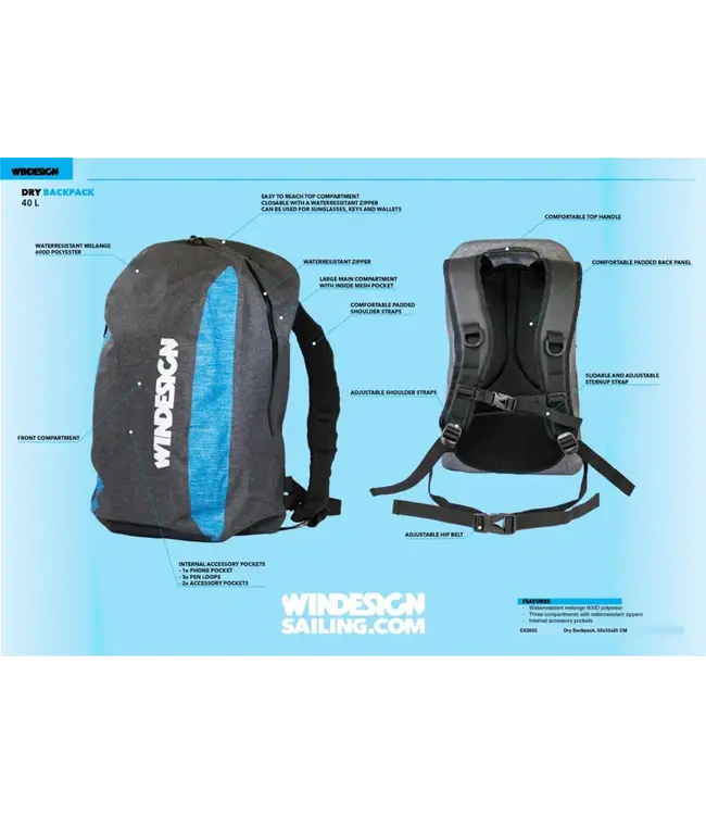WINDESIGN De Windesign waterdichte rugzak van hoogwaardig flexibel en duurzaam melange 600D polyester. Met 3 compartimenten van buitenaf toegankelijk via waterbestendige ritsen. Het grote compartiment heeft een netzak.