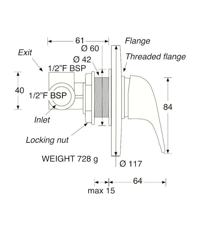 BARKA Mengkraan muur chroom 118mm. Slangaansluiting 2 x 3/8"BSP  M.