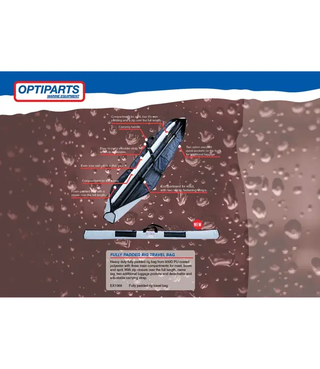 Optiparts Heavy-duty volledig gevoerde rig bag van 600D PU-gecoat polyester met drie hoofdcompartimenten voor mast, giek en spriet. Met ritssluiting over de gehele lengte, naamplaatje, twee extra bagagezakken en afneembare en verstelbare draagriem.