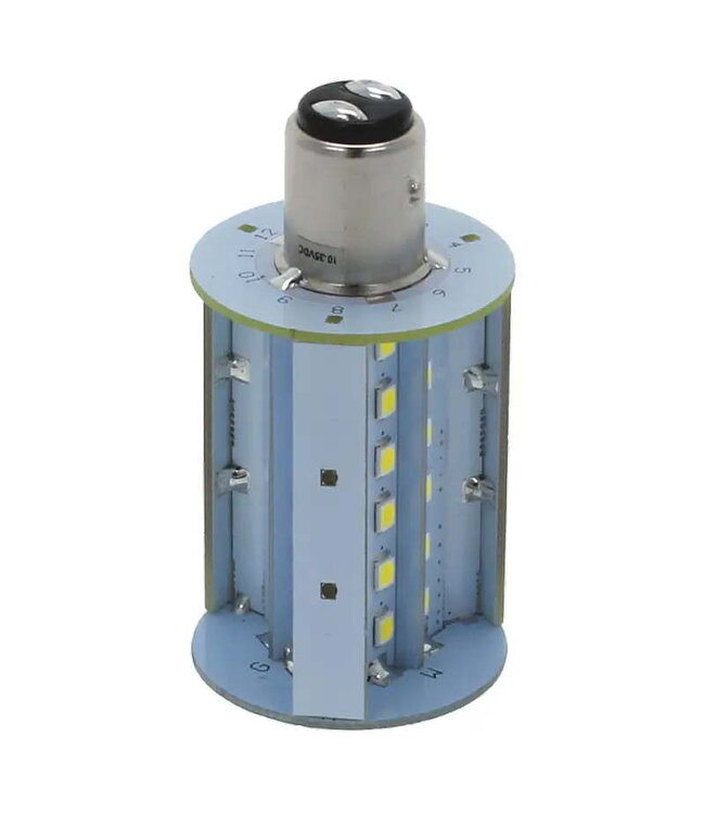NAUTICLED Bay15D Tri-color LED, Bayonet indexed with internal 10-35VDC stabilizing driver, Red/Green/White (6000K) color.