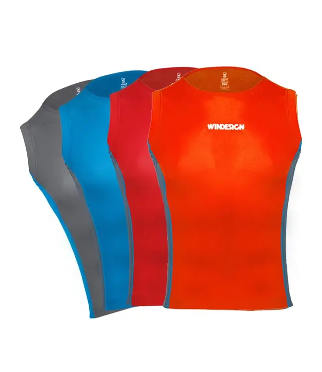 WINDESIGN De tanktops voor de rubberbootzeilers zijn ideaal om over je drijfhulpmiddelen en harnassen te dragen om ervoor te zorgen dat je gestroomlijnd bent zonder vervelende bungelende stukjes.