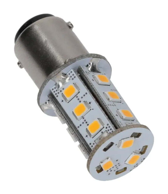 NAUTICLED Ba15S LED, Bayonet single pin with internal 10-35VDC stabilizing driver, 2700K CCT, Ra>85. Steppless dimmable LED without buzzing or quick fade out.