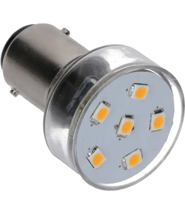 NAUTICLED Ba15D LED, Bayonet double pin with internal 10-35VDC stabilizing driver, 2700K CCT, Ra>85. Steppless dimmable LED without buzzing or quick fade out.
