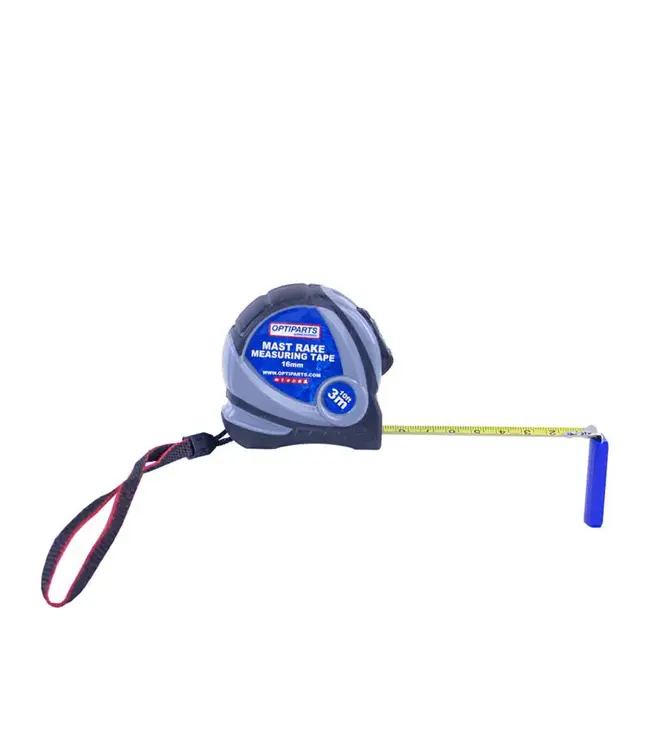 Optiparts Het is nog nooit zo eenvoudig geweest om uw Optimist masthark te meten en af te stellen voor uw training of regatta. Plaats de speciale haak in de top-achterboot van de mast en meet de afstand tot de rand van het dek. De rolmaat toont Engelse eenheden (in