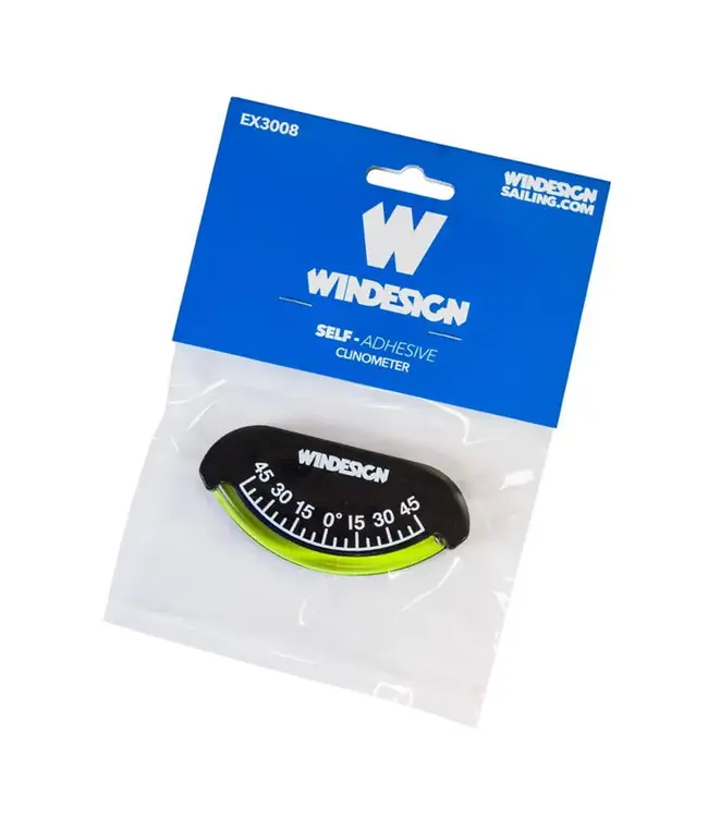 Optiparts Betaalbare zwarte plastic clinometer met zelfklevende achterkant voor eenvoudige montage van het merk Windesign. Een nauwkeurige luchtbel geeft de boothoek tot 45 graden weer.