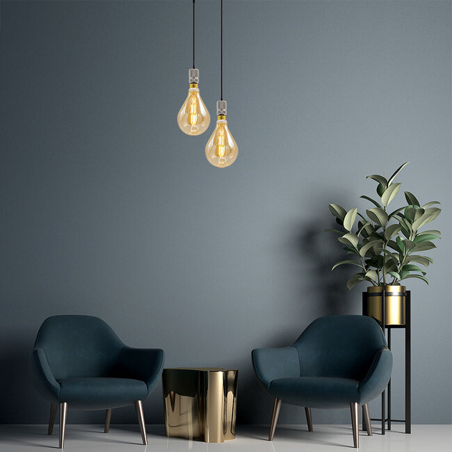 Industrielle Silberschnur-Hängeleuchte inkl. 8,5W bis 10W XXL Lampe, amber Glas, 2000K, Ø160