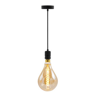 Industrielle mattschwarze Seilpendelleuchte inkl. 8,5W bis 10W XXL Lampe, Braunglas, 2000K, Ø160