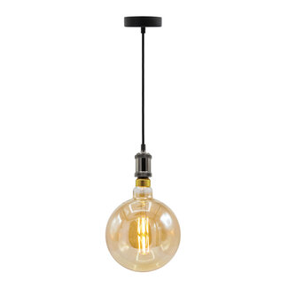 Moderne schwarz glänzende Pendelleuchte inkl. 8,5W bis 10W XXXL Lampe, amber Glas, 2000K, Ø200