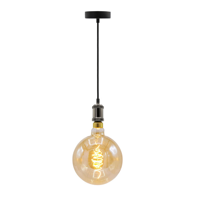 Moderne schwarz glänzende Pendelleuchte inkl. 8,5W bis 10W XXXL Lampe, amber Glas, 2000K, Ø200