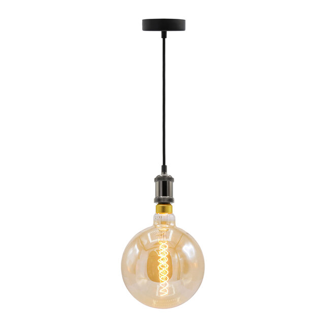 Moderne schwarz glänzende Pendelleuchte inkl. 8,5W bis 10W XXXL Lampe, amber Glas, 2000K, Ø200