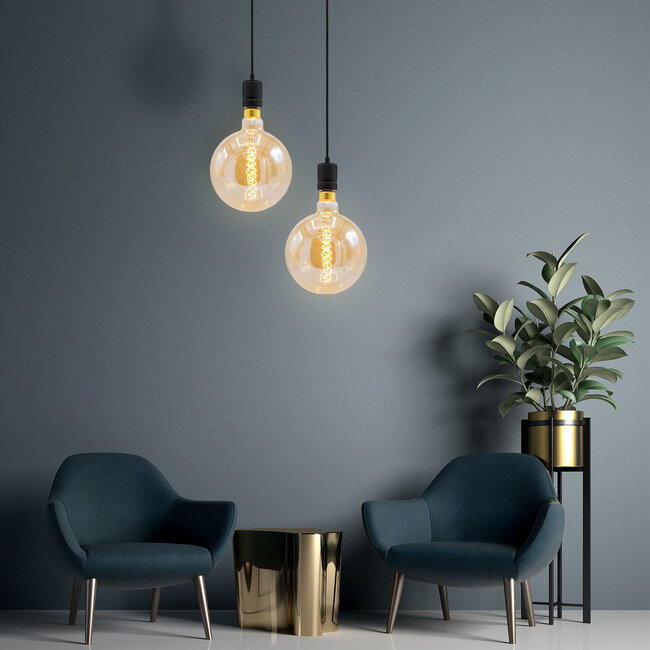 Industrielle mattschwarze Seilpendelleuchte inkl. 8,5W bis 10W XXXL Lampe, Braunglas, 2000K, Ø200