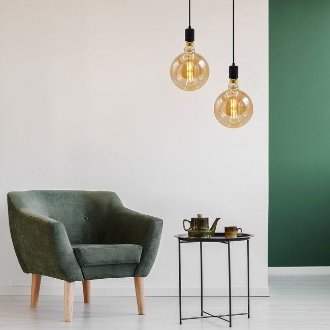 Industrielle mattschwarze Seilpendelleuchte inkl. 8,5W bis 10W XXXL Lampe, Braunglas, 2000K, Ø200