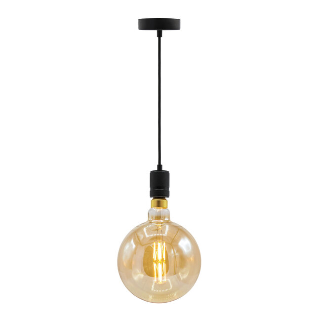 Industrielle mattschwarze Seilpendelleuchte inkl. 8,5W bis 10W XXXL Lampe, Braunglas, 2000K, Ø200