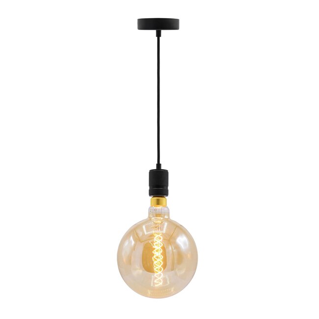 Industrielle mattschwarze Seilpendelleuchte inkl. 8,5W bis 10W XXXL Lampe, Braunglas, 2000K, Ø200