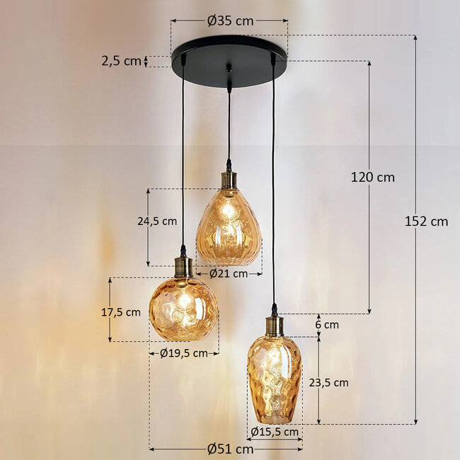 Design-Hängeleuchte aus amber Glas mit 3 Lampen- Verona