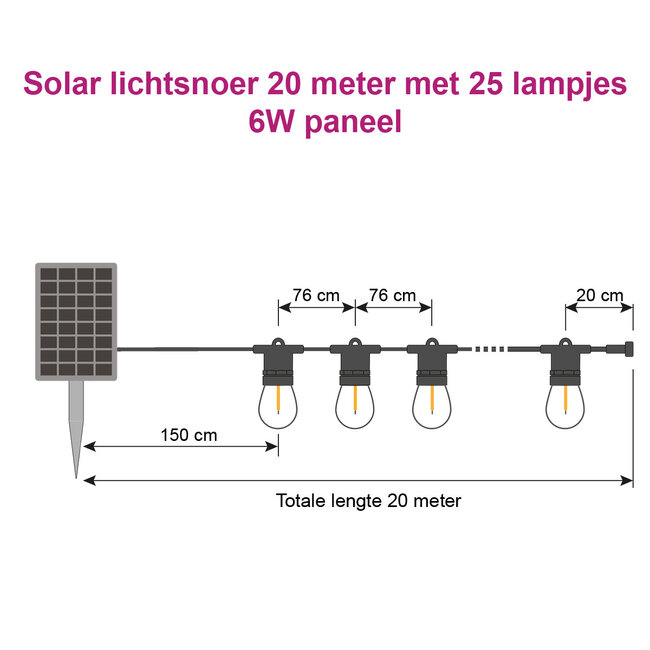 Solar Lichterkette für Außen mit 20 oder 25 Lichtern - 20 Meter - 6W Solarpanel