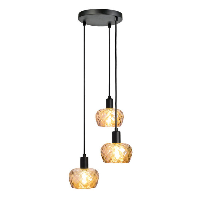 Moderne mattschwarze Pendelleuchte mit amber Glas, 3-flammig - Scott