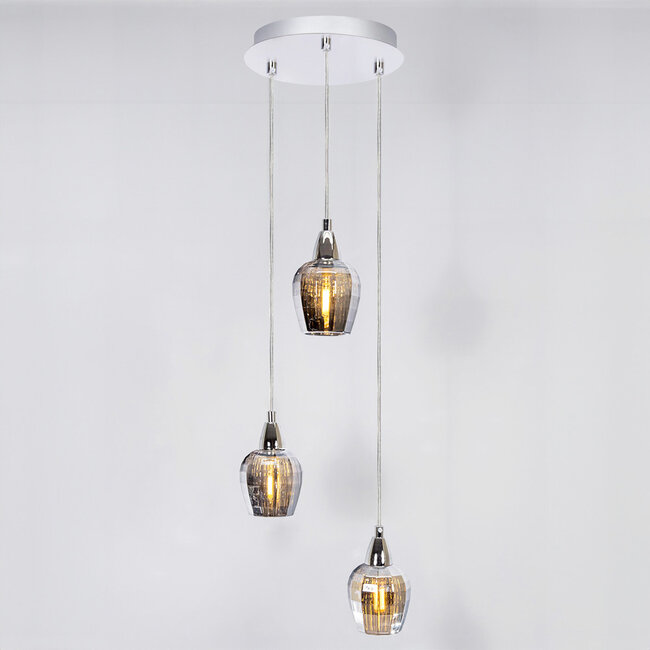 Industrielle Pendelleuchte aus Chrom mit Rauchglas, 3-flammig - Veronica