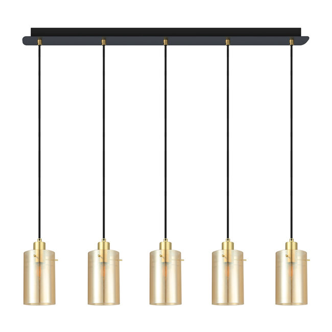 Moderne mattschwarze und sandgoldene Pendelleuchte mit amber Glas, 5-flammig- Seattle