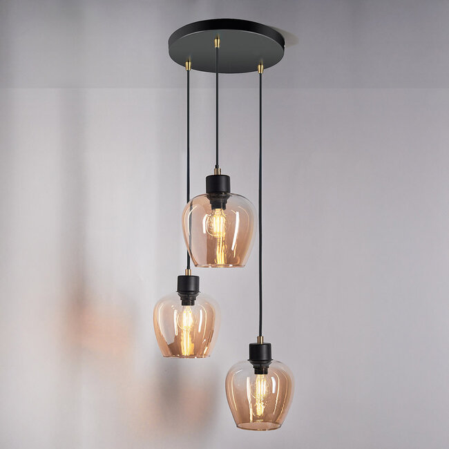 Design mattschwarz und sandgold Hängeleuchte mit amber Glas 3-flammig - Stockton